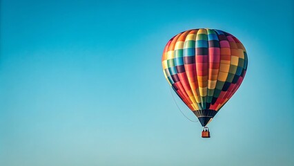 Naklejka premium Colorful Hot Air Balloon Soaring in a Clear Blue Sky: An Adventure Awaits Above the World.