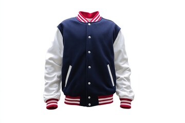 Stylish varsity jacket with a navy body, white sleeves, and red trim