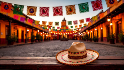 Traditional Sombrero Hat and Papel Picado in Vibrant Mexican Plaza