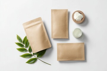 Fototapeta premium Eco-friendly packaging and skincare products against a white background.