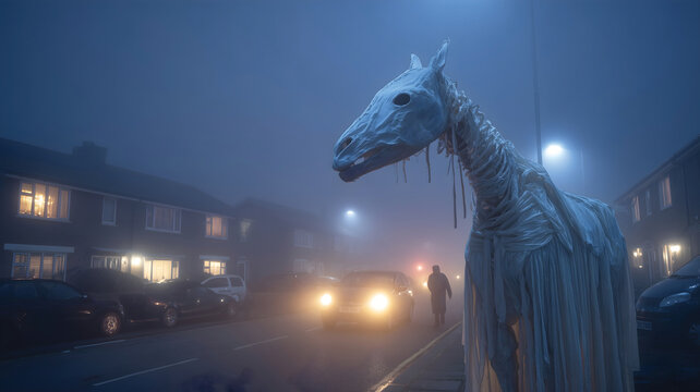 Mysterious Mari Lwyd on a Misty Street