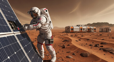 Astronaut repairing solar panel on mars with habitat in background under a hazy orange sky view scene