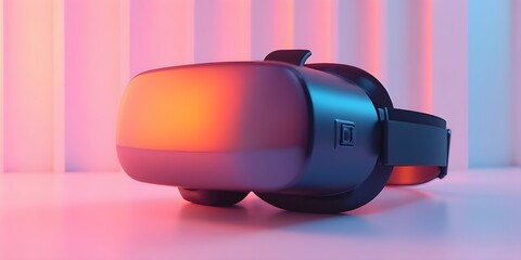 3d 360 vr headset glasses goggles lenses in futuristic purple neon light on table, virtual augmented ar reality innovative party experience digital mobile technology background concept,