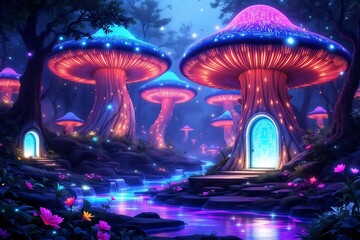 Obraz premium Enchanted forest with glowing mushrooms and magical doorways fantasy