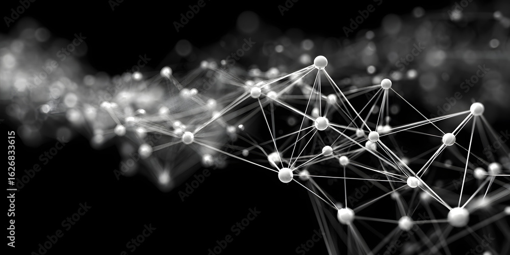 Poster abstract network nodes and connections forming a complex web on a black background, futuristic, mesh