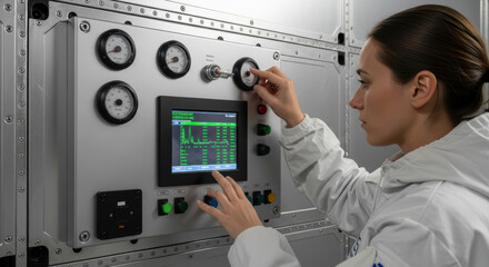 Woman adjusting a dial on a control panel with gauges and a screen displaying data in a laboratory setting