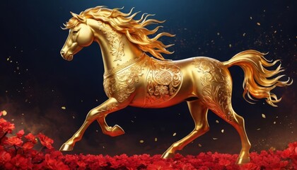 Luxurious red and gold New Year background with Chinese horse, new year 2026. The symbol of the year.