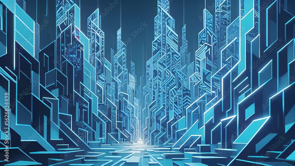 Poster futuristic cityscape with towering structures and advanced technology illuminating a dark environmen