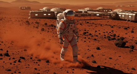 Astronaut walking on mars near habitat modules in dusty red landscape with rocky ground surface