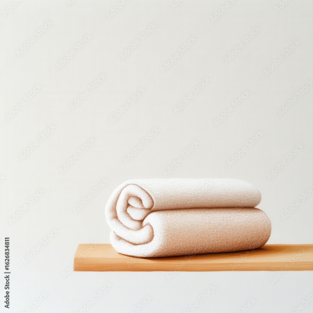 Poster soft white towels rolled neatly on wooden surface in minimalistic setting