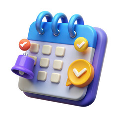 3d calendar reminder with checkmarks and bell isolated on transparent background