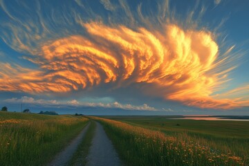 Dramatic sunset cloud formation over an open field nature scene rural landscape aerial view