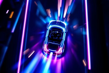 Futuristic car with neon lights driving fast through abstract glowing tunnel image
