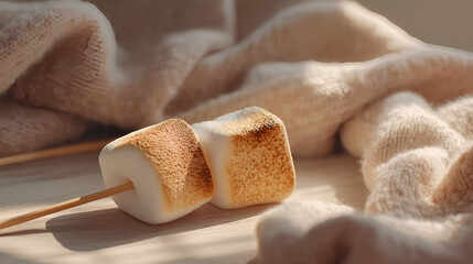 Toasted Marshmallows: A close-up of two marshmallows on a wooden stick, resting on a wooden surface.