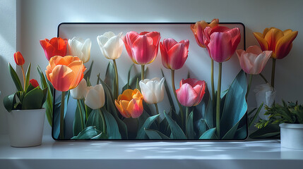 Vibrant tulips in front of digital screen. Colorful spring flowers blending nature and technology. Perfect for floral or tech-themed concepts.