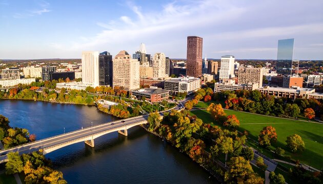 Autumn cityscape aerial view of a river and bridge