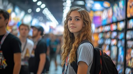 Exciting gaming event young attendee at convention center digital showcase engaging