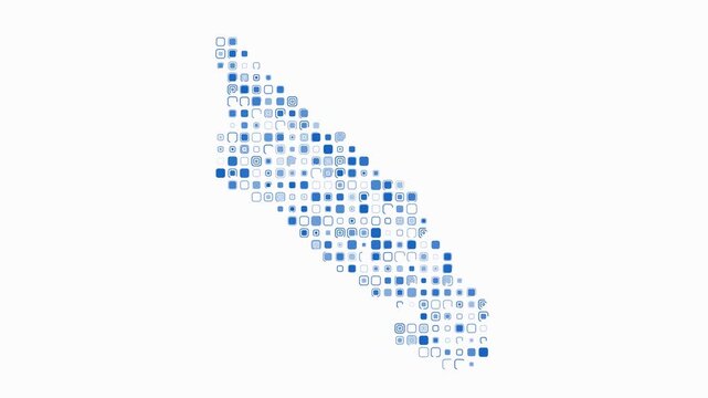 Aruba dotted animation. Shape of the country build of pulsating colored dots. Large size rounded square blocks. Digital style map on white background. Awesome video.