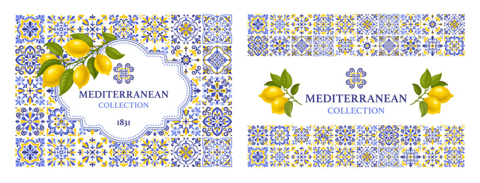 Cards banner or label templates set with Mediterranean mosaic tile pattern, blue and yellow colors, lemons on branch. Vector illustration