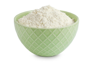 White flour in ceramic bowl isolated on white background