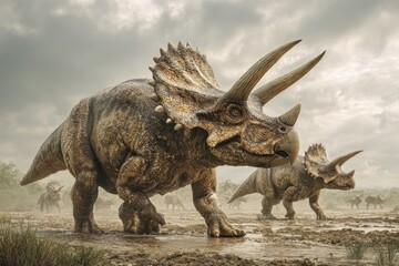 Fototapeta premium Digital Art, Paleontological Illustration, Neutral Colors, Atmospheric, Dinosaurs in Natural Habitat