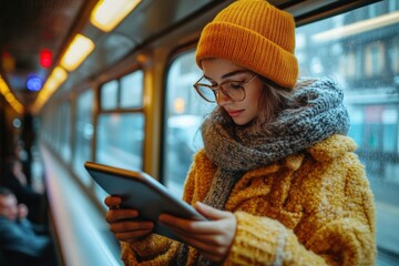 Young woman reading tablet in train urban environment lifestyle view