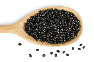 Black bean or Urad dal, black gram, vigna mungo in wooden spoon isolated on the white background....