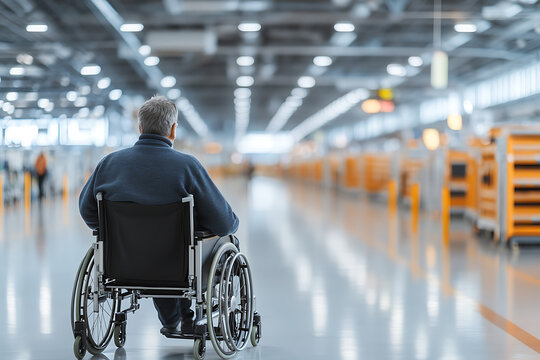 A person in a wheelchair traverses a brightly lit corridor, embodying resilience and determination in the face of challenges.