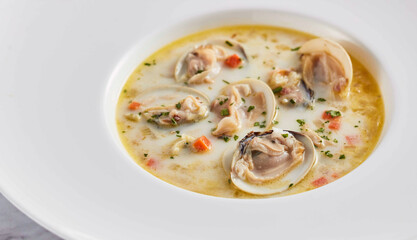 Creamy Clam Chowder Soup with Fresh Parsley in a White Bowl closeup side view of seafood recipes