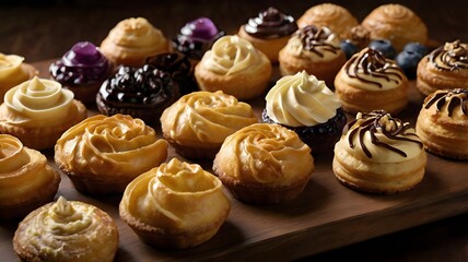 Gourmet Cream Puffs, Assorted Flavors, Elegant Pastry Arrangement, Delicious Dessert Display