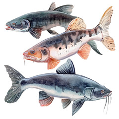 Obraz premium A hand-drawn illustration painting of catfish set in soft watercolor style, isolated on a white background, artistic, painted design, painted, fish collection, sea animal