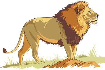 Obraz premium Vector art of majestic lion standing proudly on a small hill in the african savanna a powerful and iconic symbol of the wild