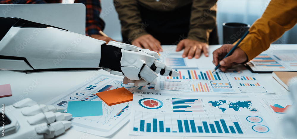 Poster a robotic arm assists professionals in a modern office environment, enhancing teamwork and innovatio