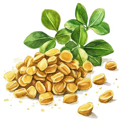 Artistic watercolor design of fenugreek seeds and leaves, hand-painted and isolated on a white background, suitable for print and digital use, EPS file. vector collection 