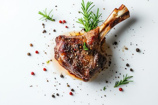 A tender lamb shank floating against a white background, with sprigs of mint and seasoning falling around it