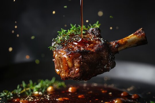 A tender lamb shank suspended in mid-air, with a drizzle of red wine reduction and herbs falling around it
