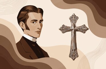 A portrait of a young man dressed as a priest with a decorative cross in the background