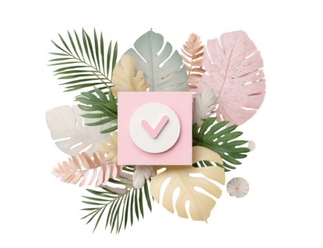Pastel-colored square box with a checkmark, surrounded by tropical leaves