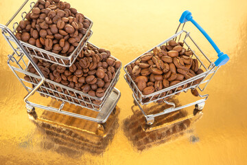 Coffee beans in shopping carts against a shiny golden background