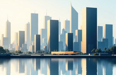 Fototapeta premium City skyline with modern skyscrapers reflected on calm water during daytime