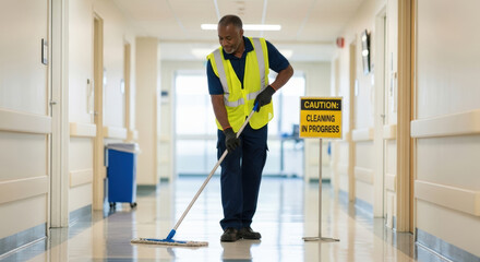 A janitor mopping a shiny corridor floor in a hospital or public building wearing gloves and safety vest