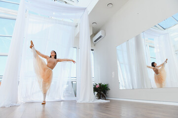 Ballerina performing leg extension in dance studio with mirror