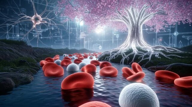 Microscopic blood cells flowing through a surreal landscape with a glowing tree and neural network background 4K Ai HD video.

 - Powered by Adobe