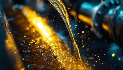 Golden liquid flowing in industrial channel