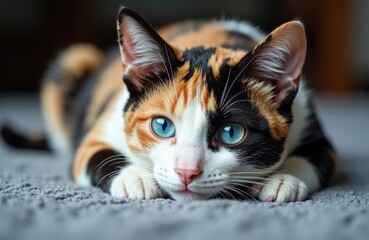 A calico cat with striking blue eyes lying on a soft surface