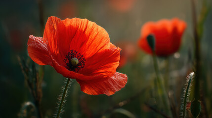 vivid red poppy glows beautifully in soft sunlight, its delicate petals and fine details standing out against a dreamy, blurred natural background