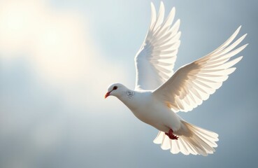 Fototapeta premium A white dove in flight with wings spread wide against a soft sky background