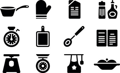 Black Glyph Icons: Cooking Utensils, Kitchen Tools, Recipe, Measurement