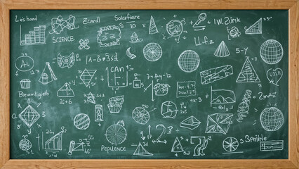 Green chalkboard with white chalk drawings of geometric shapes equations and science symbols image
