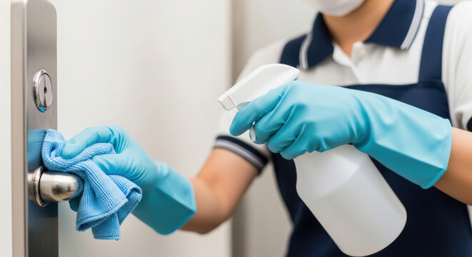 Closeup shot of women cleaning a door nob with a bloth using cleaning liquid